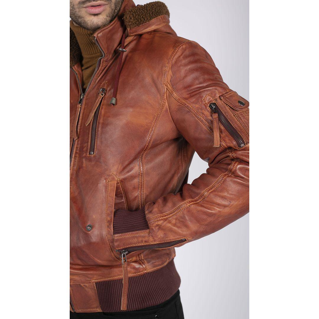 Mens Real Leather Hood Fur Jacket Bomber Aviator Tan Brown Retro - Knighthood Store