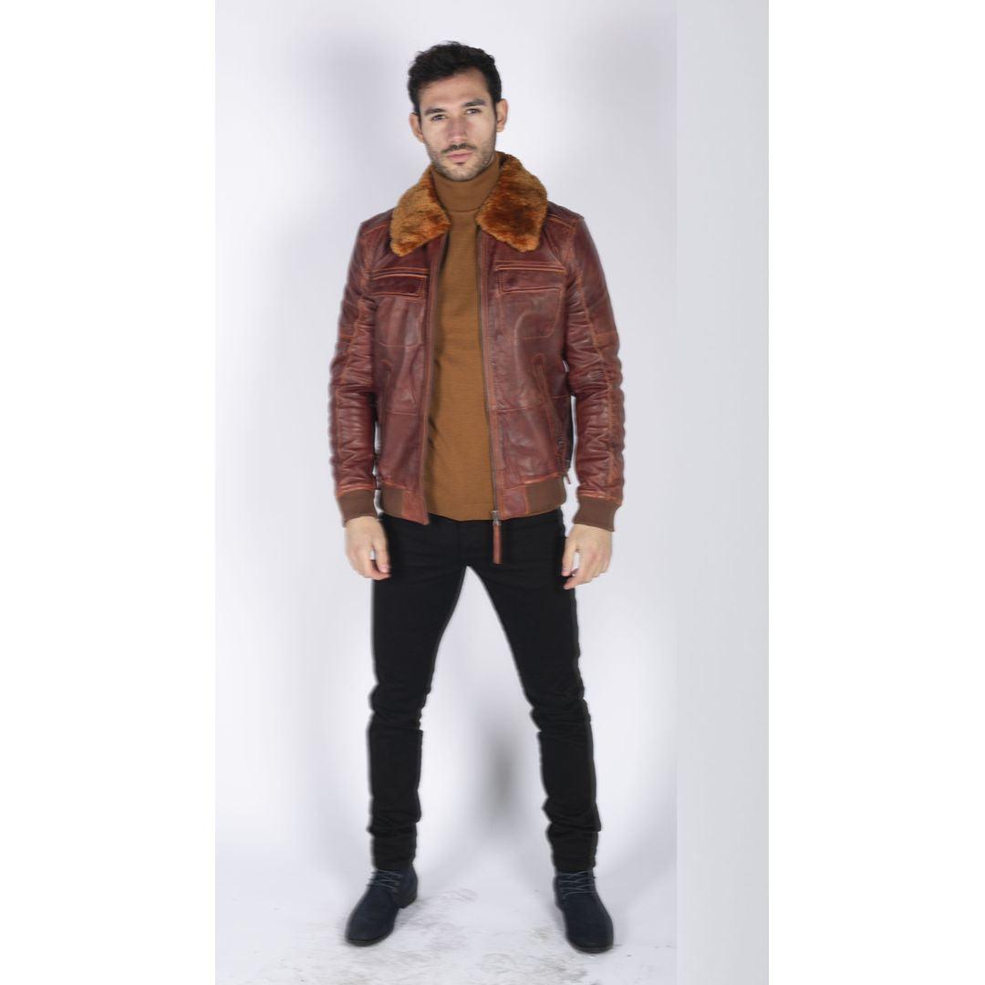 Mens Washed Rust Tan Brown Removable Fur Collar Pilot Leather Jacket Slim Fit - Knighthood Store