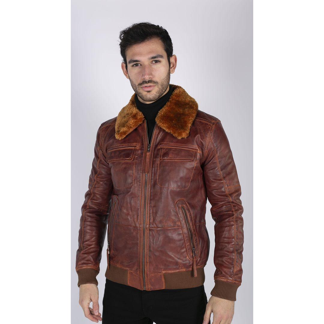 Mens Washed Rust Tan Brown Removable Fur Collar Pilot Leather Jacket Slim Fit - Knighthood Store