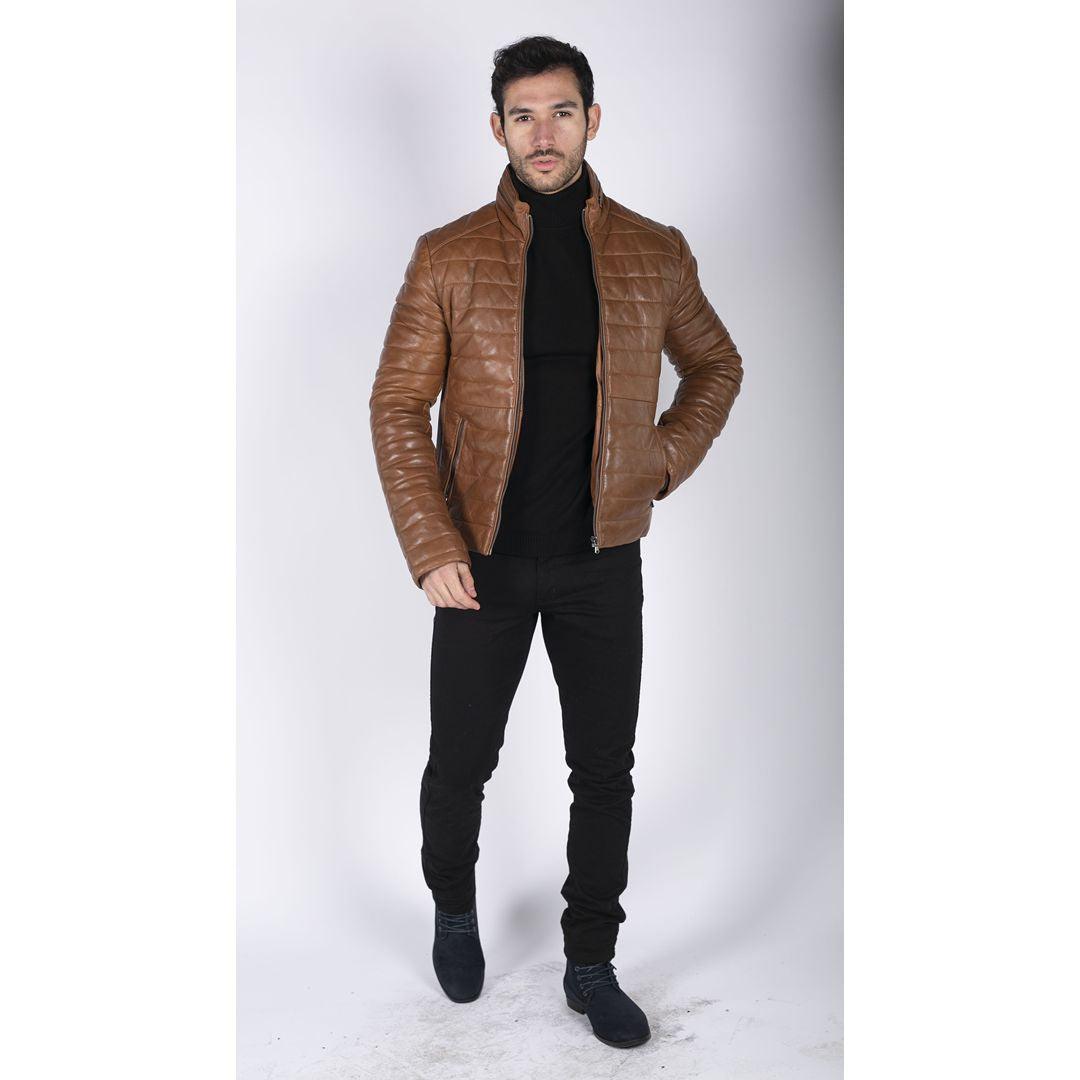 Mens Real Leather Genuine Quilted Puffer Zipped Jacket Brown Black Casual - Knighthood Store