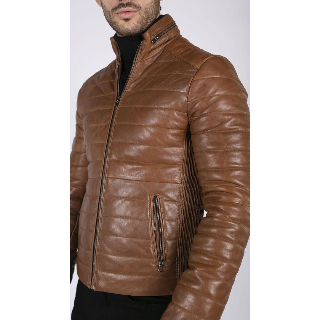 Mens Real Leather Genuine Quilted Puffer Zipped Jacket Brown Black Casual - Knighthood Store