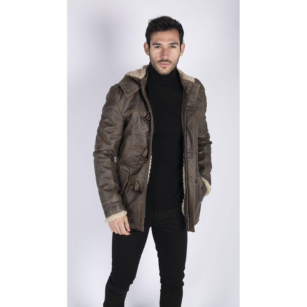 Mens Real Leather Hood Duffle Safari Jacket Long 3/4 Fur Washed Vintage Brown - Knighthood Store