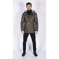 Mens Real Leather Hood Duffle Safari Jacket Long 3/4 Fur Washed Vintage Brown - Knighthood Store