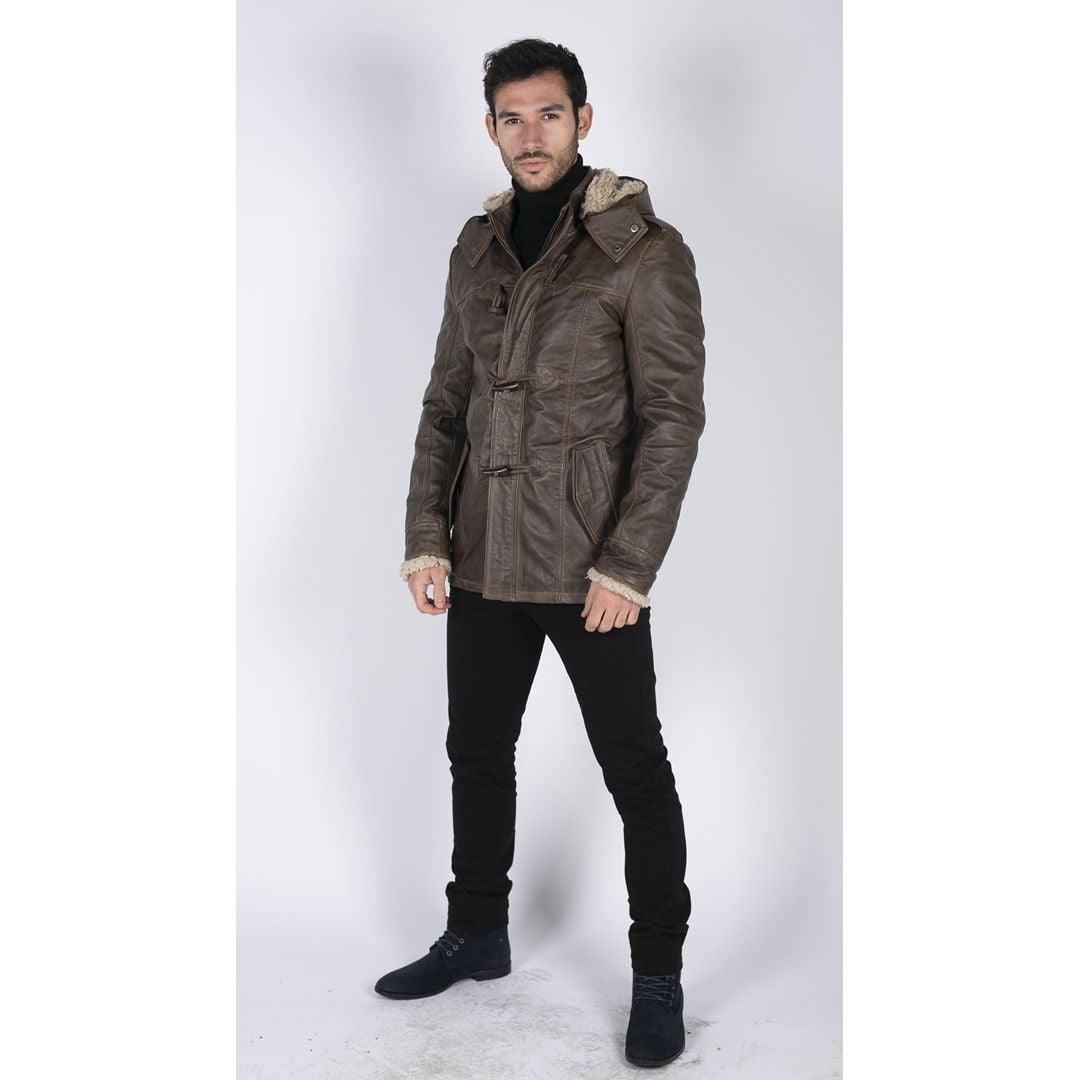 Mens Real Leather Hood Duffle Safari Jacket Long 3/4 Fur Washed Vintage Brown - Knighthood Store