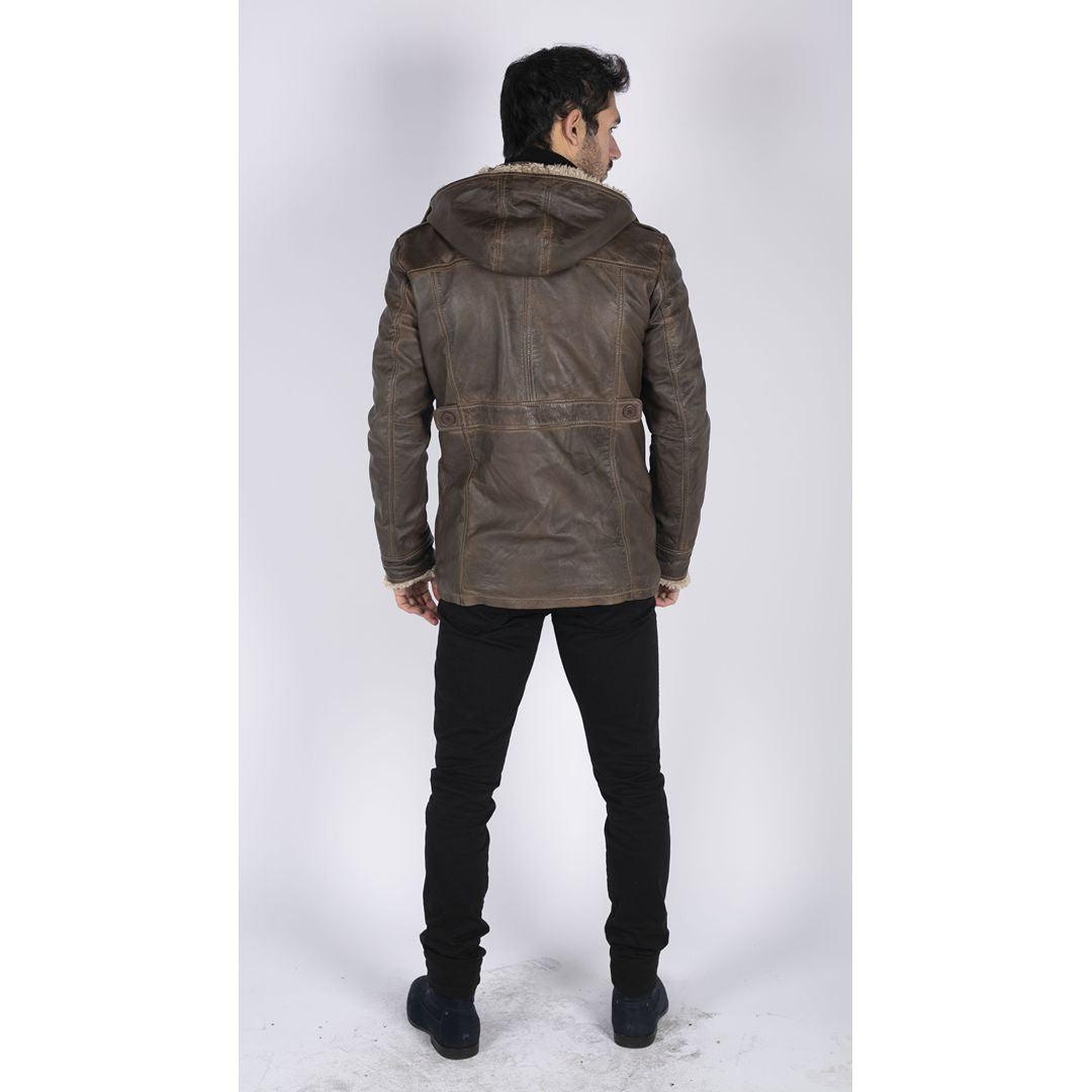 Mens Real Leather Hood Duffle Safari Jacket Long 3/4 Fur Washed Vintage Brown - Knighthood Store