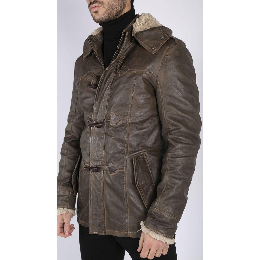 Mens Real Leather Hood Duffle Safari Jacket Long 3/4 Fur Washed Vintage Brown - Knighthood Store