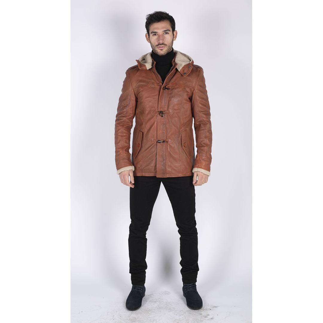 Mens Real Leather Hood Duffle Safari Jacket Long 3/4 Fur Washed Vintage Brown - Knighthood Store