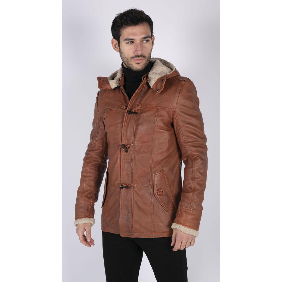 Mens Real Leather Hood Duffle Safari Jacket Long 3/4 Fur Washed Vintage Brown - Knighthood Store