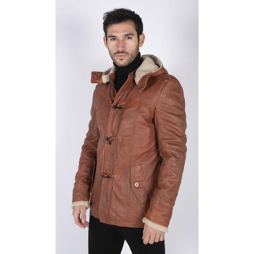 Mens Real Leather Hood Duffle Safari Jacket Long 3/4 Fur Washed Vintage Brown - Knighthood Store
