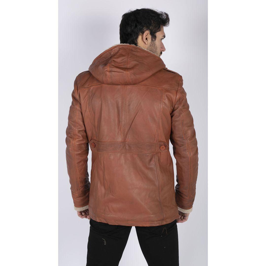 Mens Real Leather Hood Duffle Safari Jacket Long 3/4 Fur Washed Vintage Brown - Knighthood Store