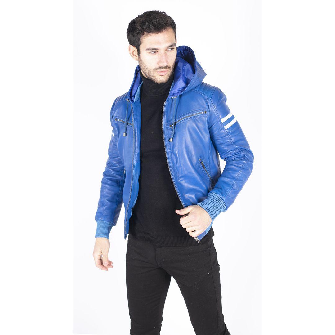 Mens Blue Black Hood Real Leather Bomber Jacket Red Stripes Quilted Slim Fit Casual - Knighthood Store