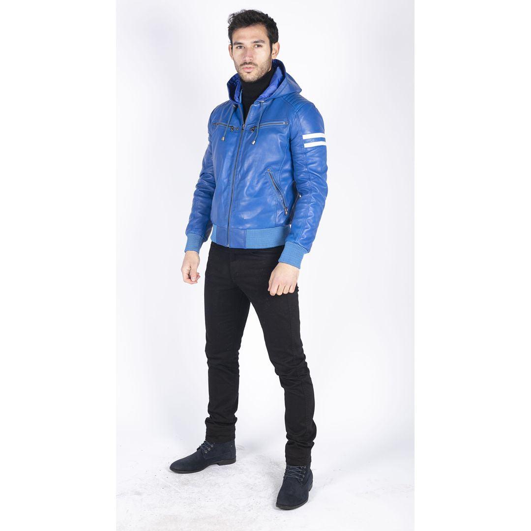 Mens Blue Black Hood Real Leather Bomber Jacket Red Stripes Quilted Slim Fit Casual - Knighthood Store