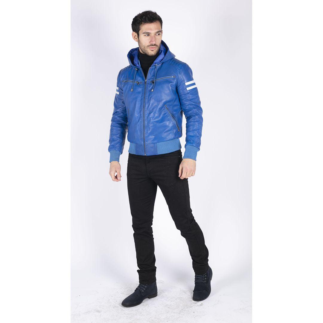 Mens Blue Black Hood Real Leather Bomber Jacket Red Stripes Quilted Slim Fit Casual - Knighthood Store
