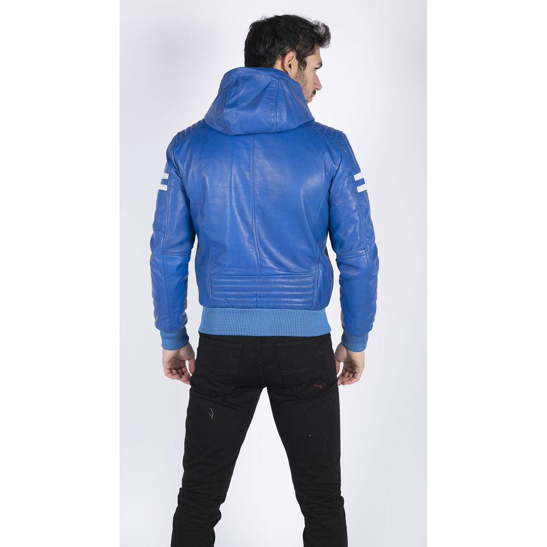 Mens Blue Black Hood Real Leather Bomber Jacket Red Stripes Quilted Slim Fit Casual - Knighthood Store