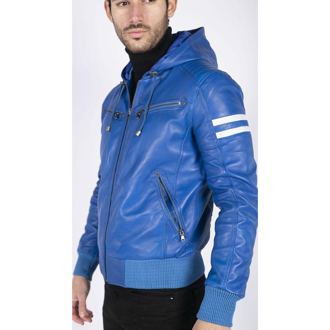 Mens Blue Black Hood Real Leather Bomber Jacket Red Stripes Quilted Slim Fit Casual - Knighthood Store