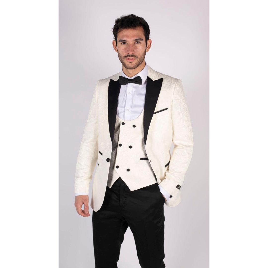 Mens Paisley Tuxedo Blazer And Waistcoat Brocade Dinner Jacket Satin Ivory Black - Knighthood Store