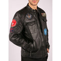 Mens Black Real Leather Zip Jacket Badge Design Racing US Pilot Casual - Knighthood Store