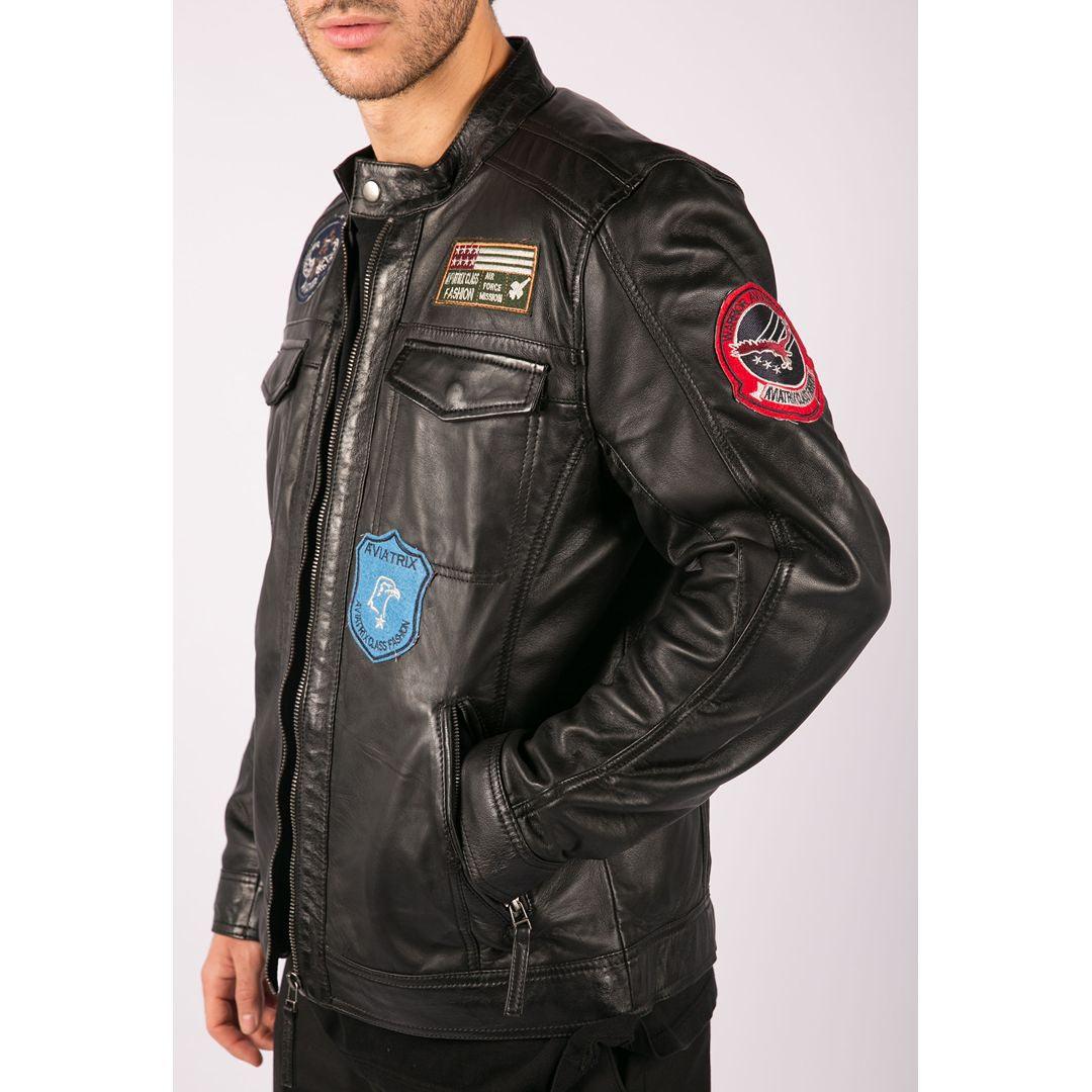 Mens Black Real Leather Zip Jacket Badge Design Racing US Pilot Casual - Knighthood Store