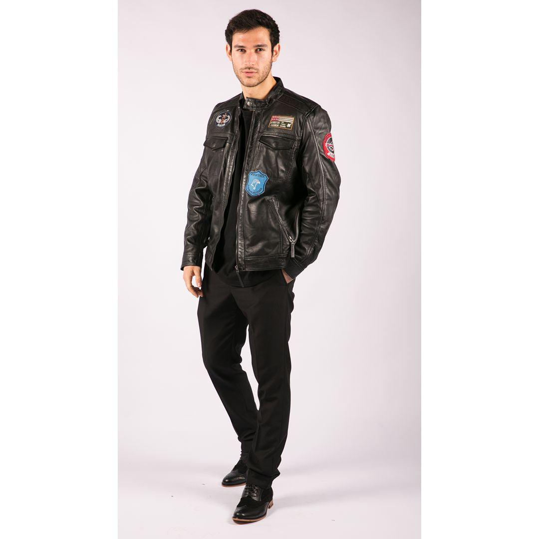 Mens Black Real Leather Zip Jacket Badge Design Racing US Pilot Casual - Knighthood Store