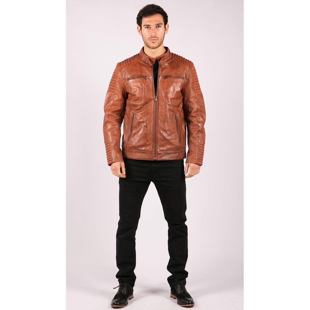 Mens Slim Fit Tan Brown Washed Vintage Real Leather Jacket Zipped Casual - Knighthood Store