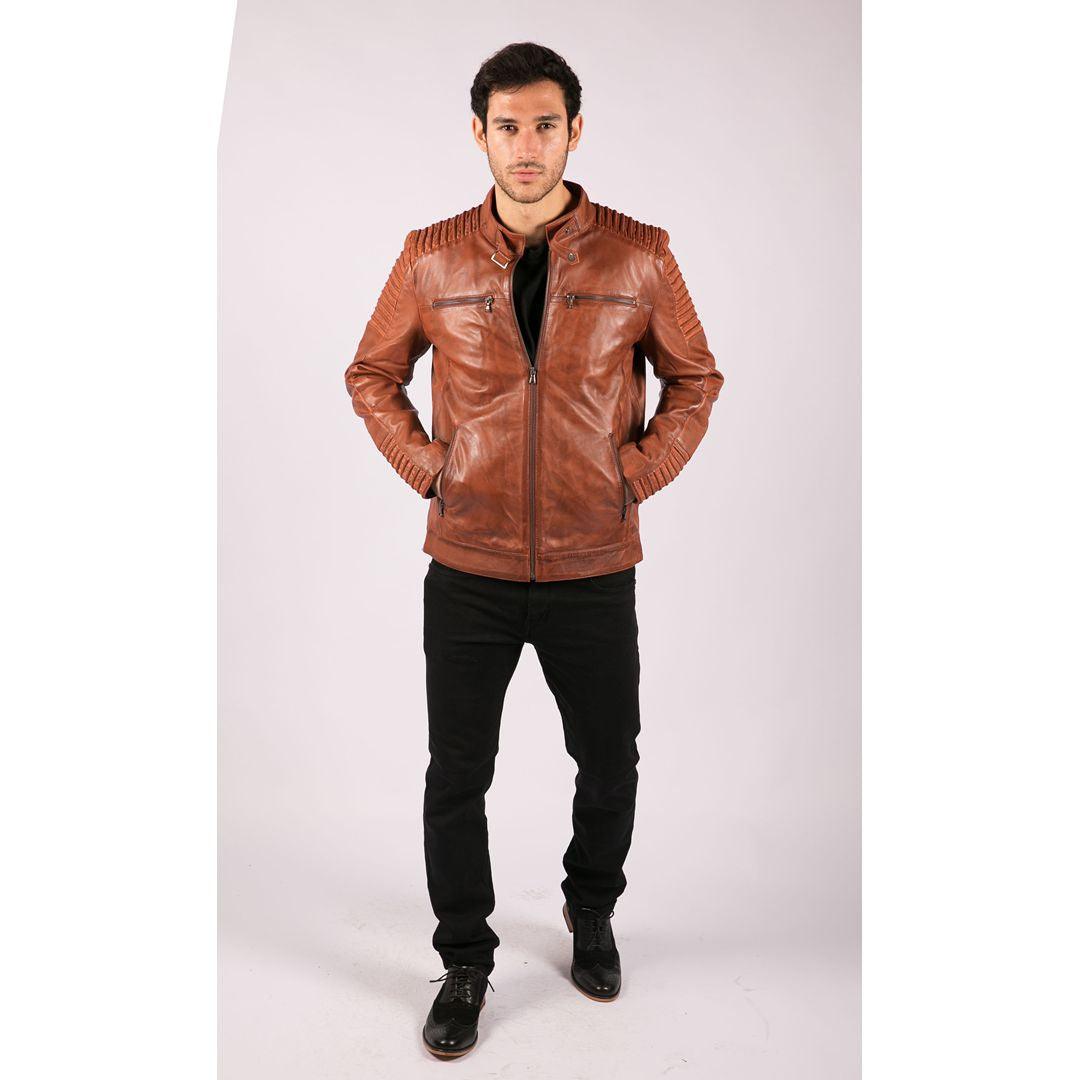 Mens Slim Fit Tan Brown Washed Vintage Real Leather Jacket Zipped Casual - Knighthood Store