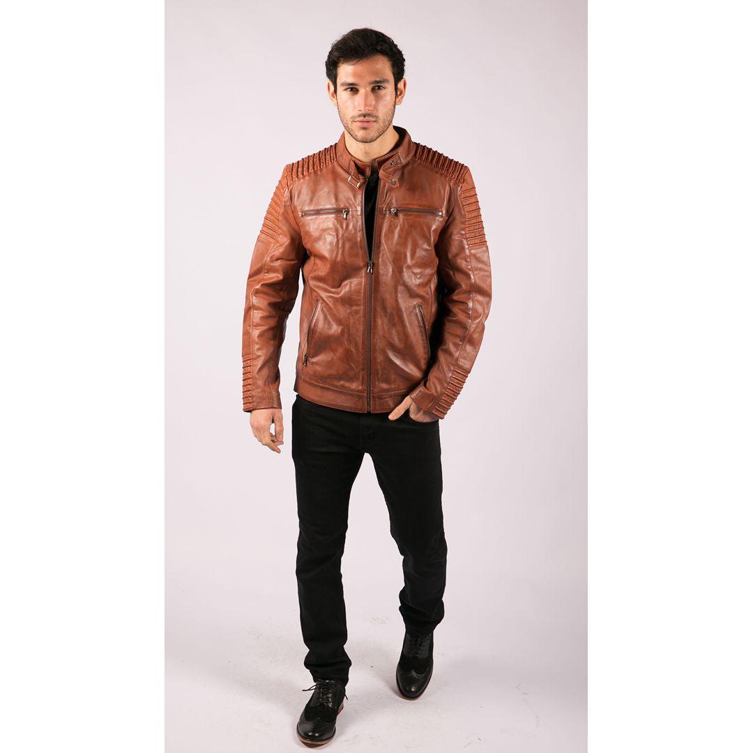 Mens Slim Fit Tan Brown Washed Vintage Real Leather Jacket Zipped Casual - Knighthood Store