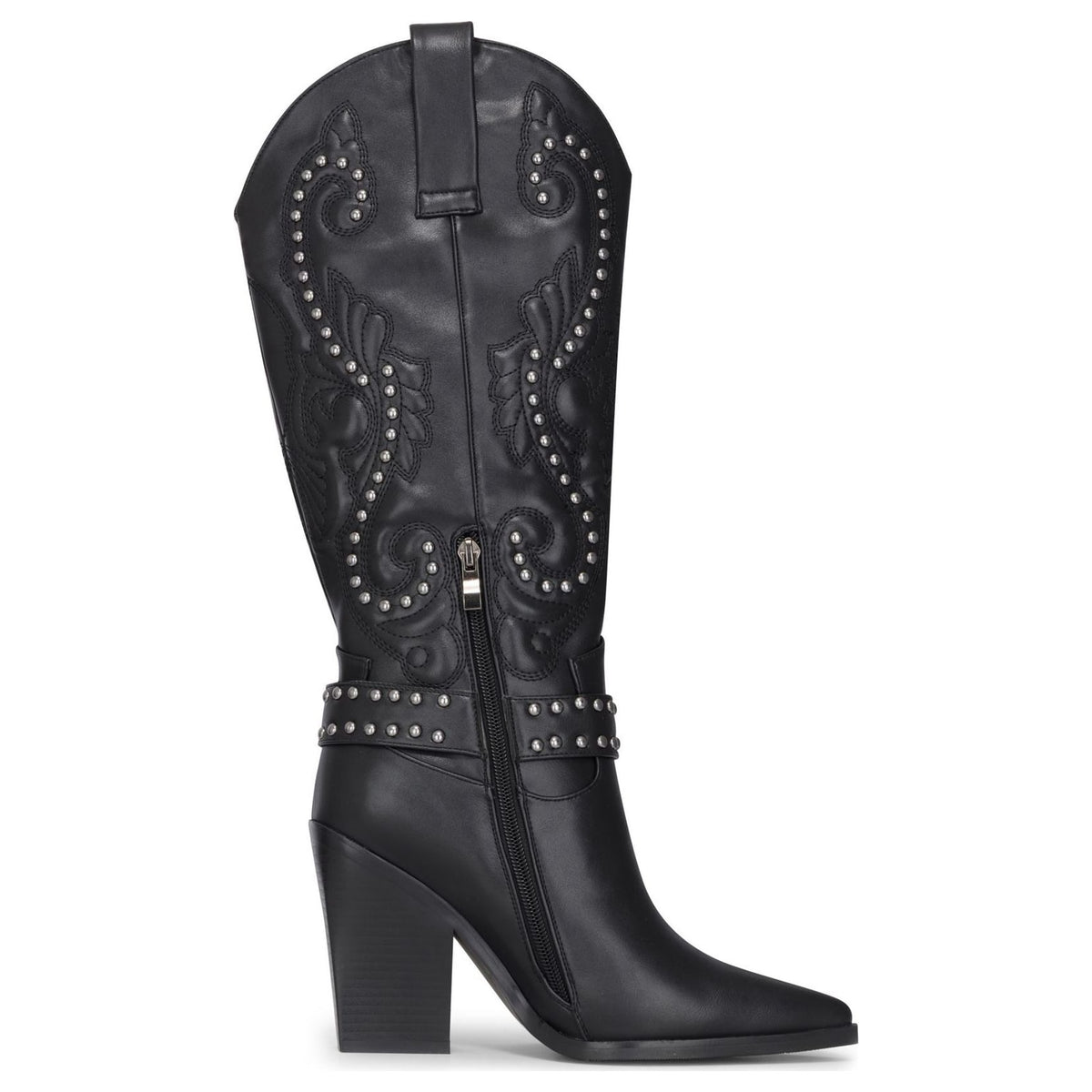 Women's Black Vegan Leather Silver Studs Knee-High Western Cowboy Boots