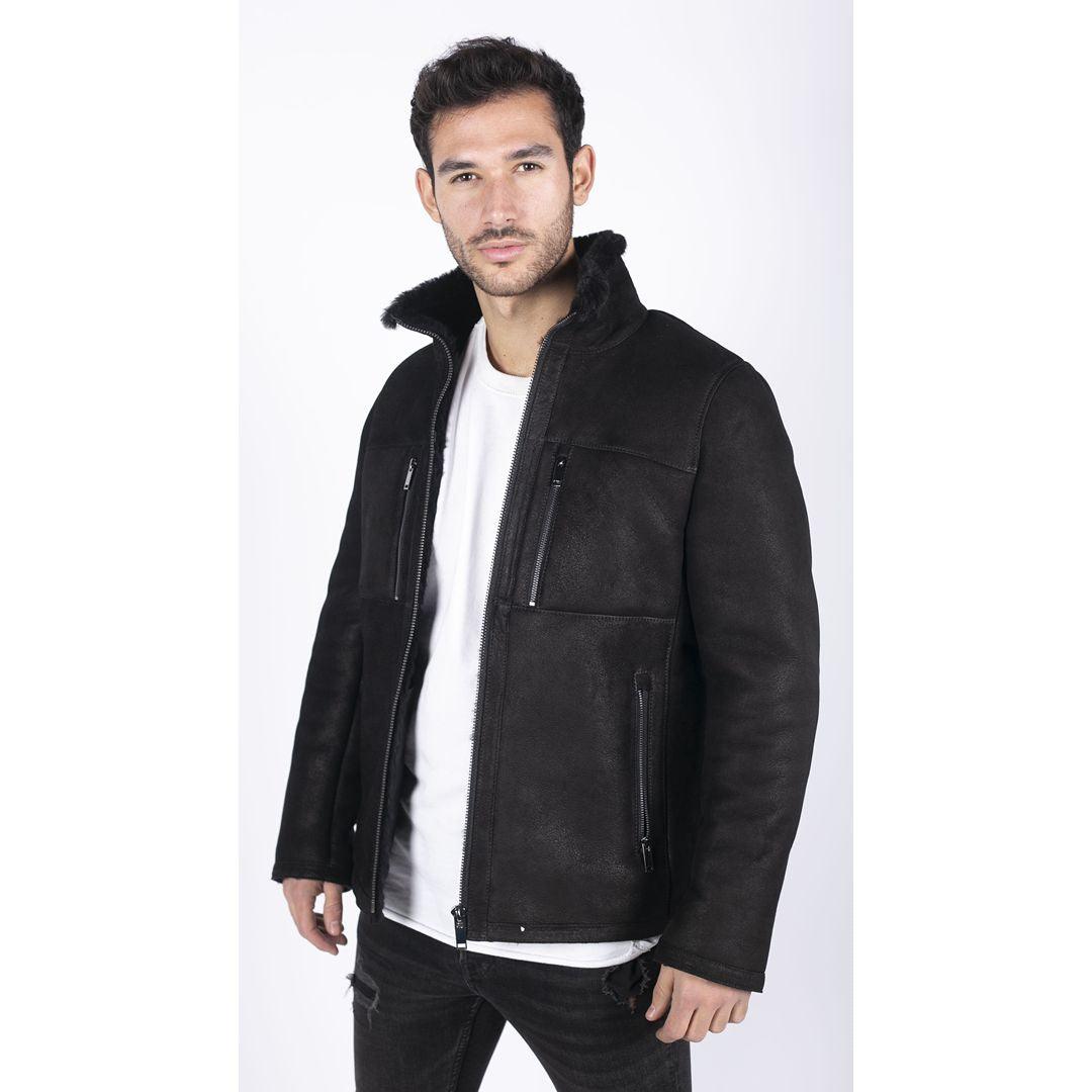 Mens Real Sheepskin Jacket Short Zipped Casual Retro Vintage Black Zipped - Knighthood Store