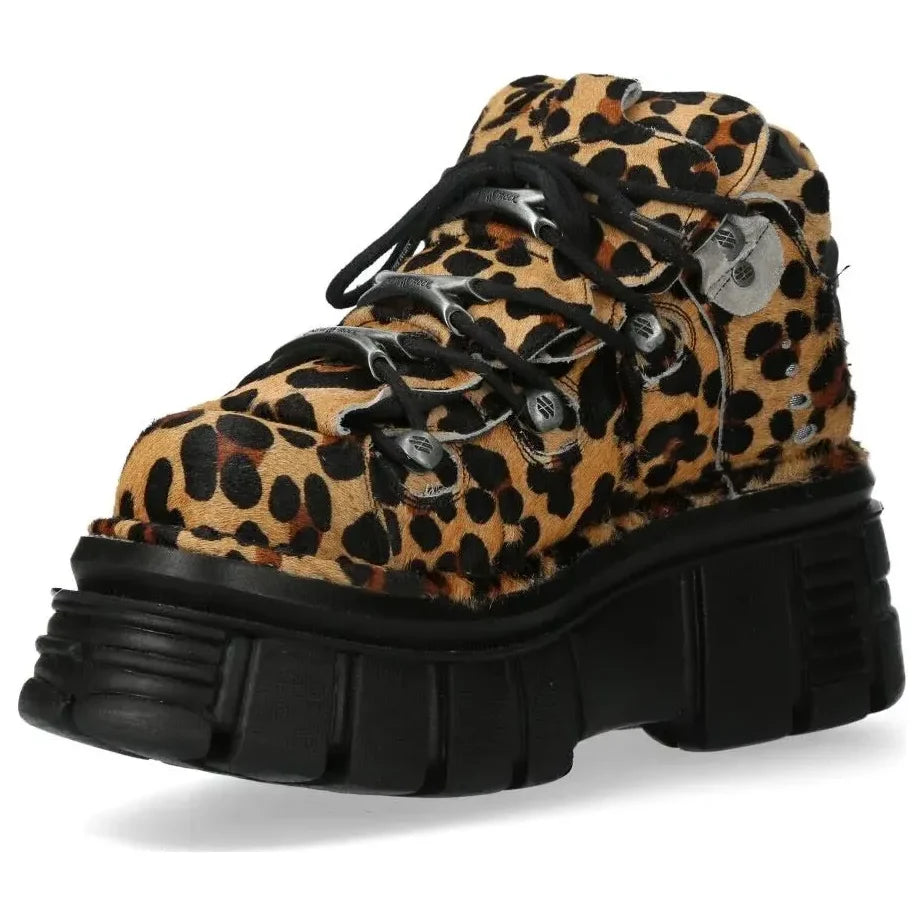 Women's New Rock M-106-C192 Leopard Brown Leather Gothic Ankle Boots