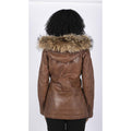 Womens Real Leather Parka Jacket 3/4 Fur Hood Zipped Brown Tan Grey Tailored Fit - Knighthood Store