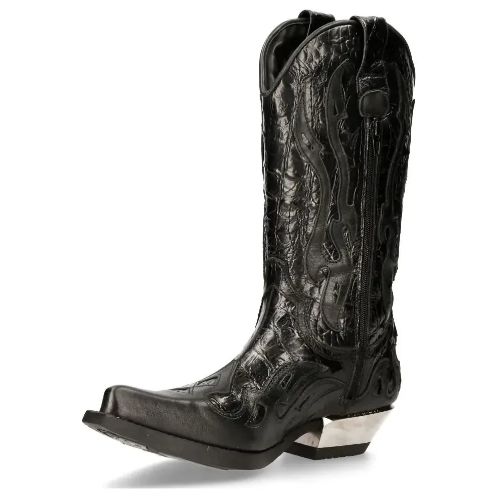Men's New Rock M-7921-S1 Black Flame Boots Black Leather Cowboy