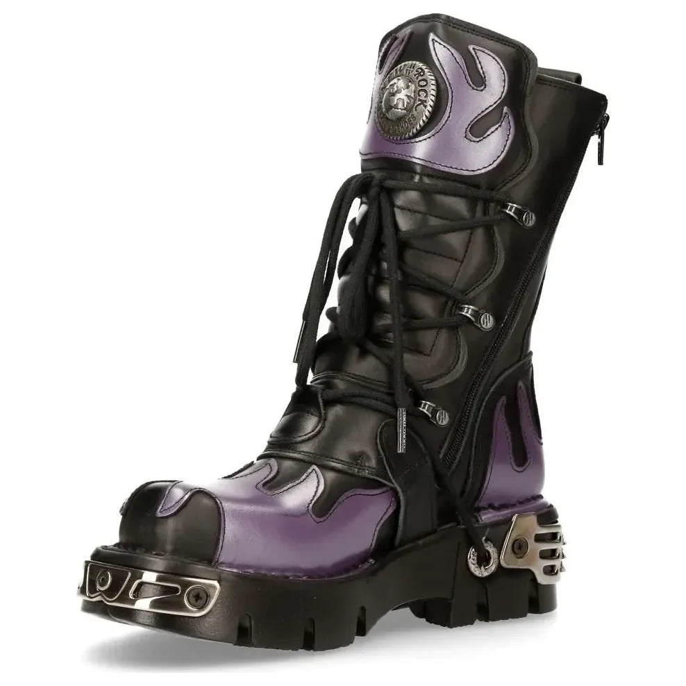 Men's New Rock M-591-s5 Purple Flame Boots Black Leather Gothic