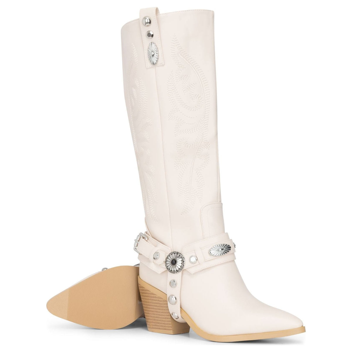Women's White Vegan Leather Western Knee-High Embroidered Cowboy Boots