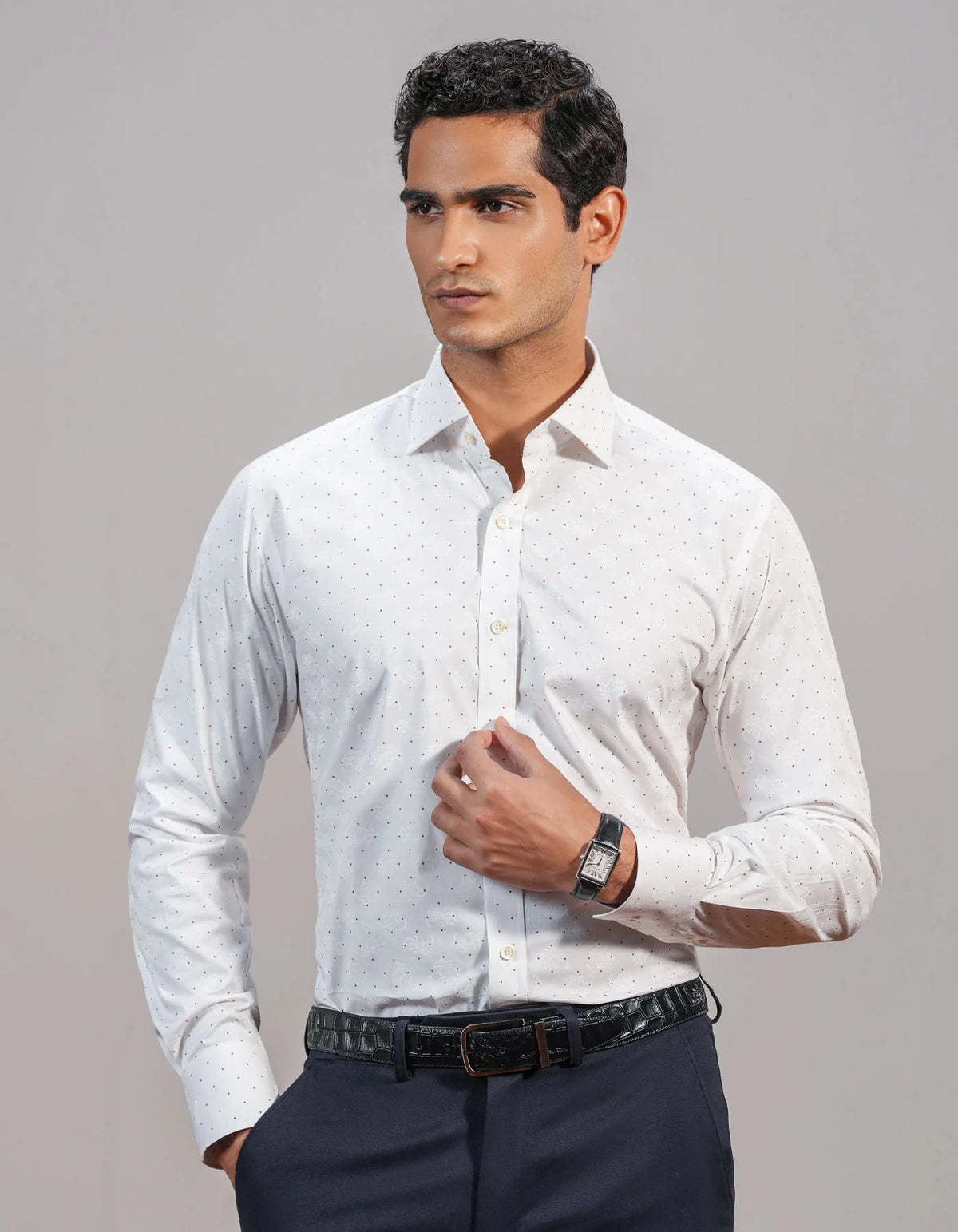 Men's White Self Paisley & Red Micro Dot Formal Shirt