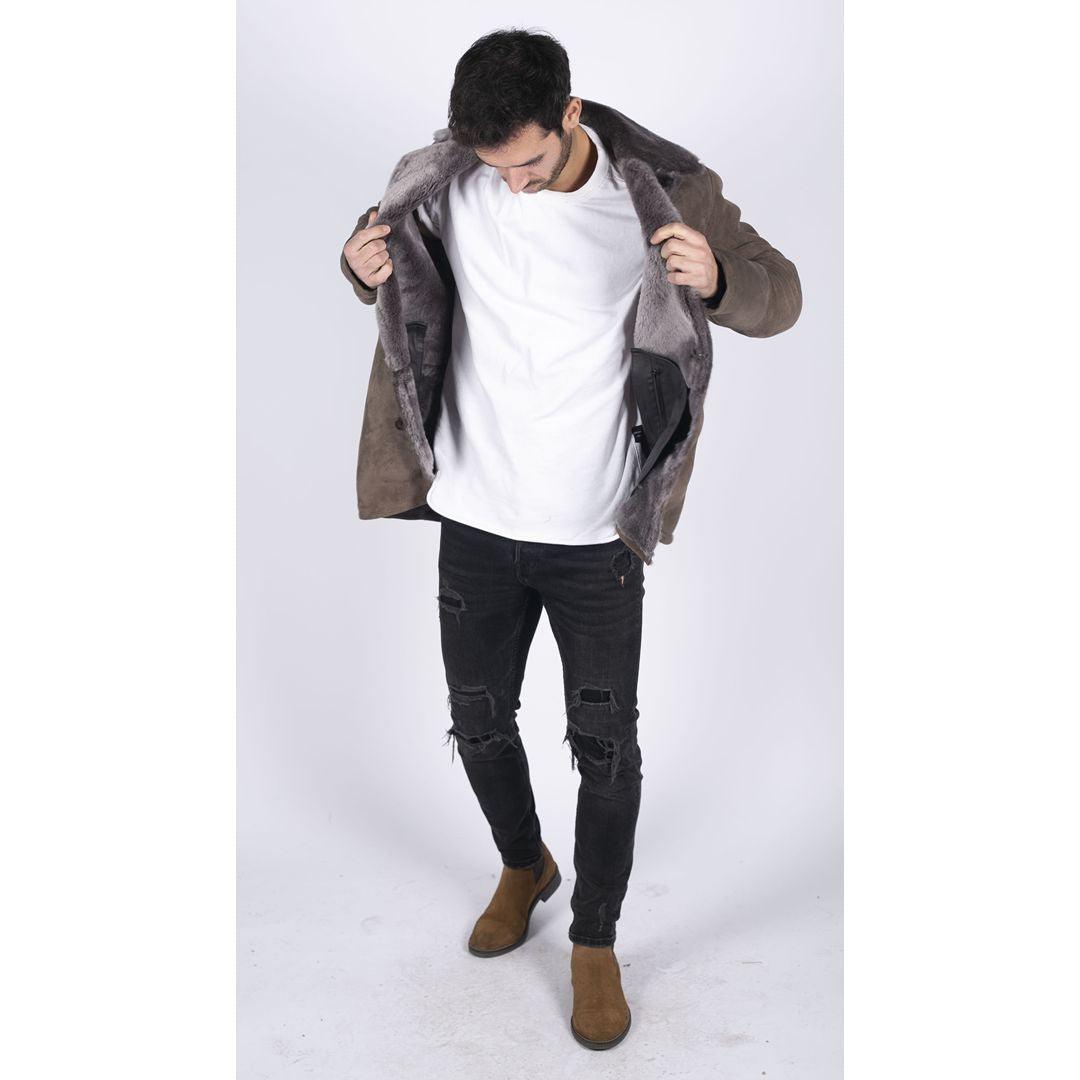 Mens Real Sheepskin Coat Beige Vintage Classic 3/4 Jacket Button Down V Neck - Knighthood Store