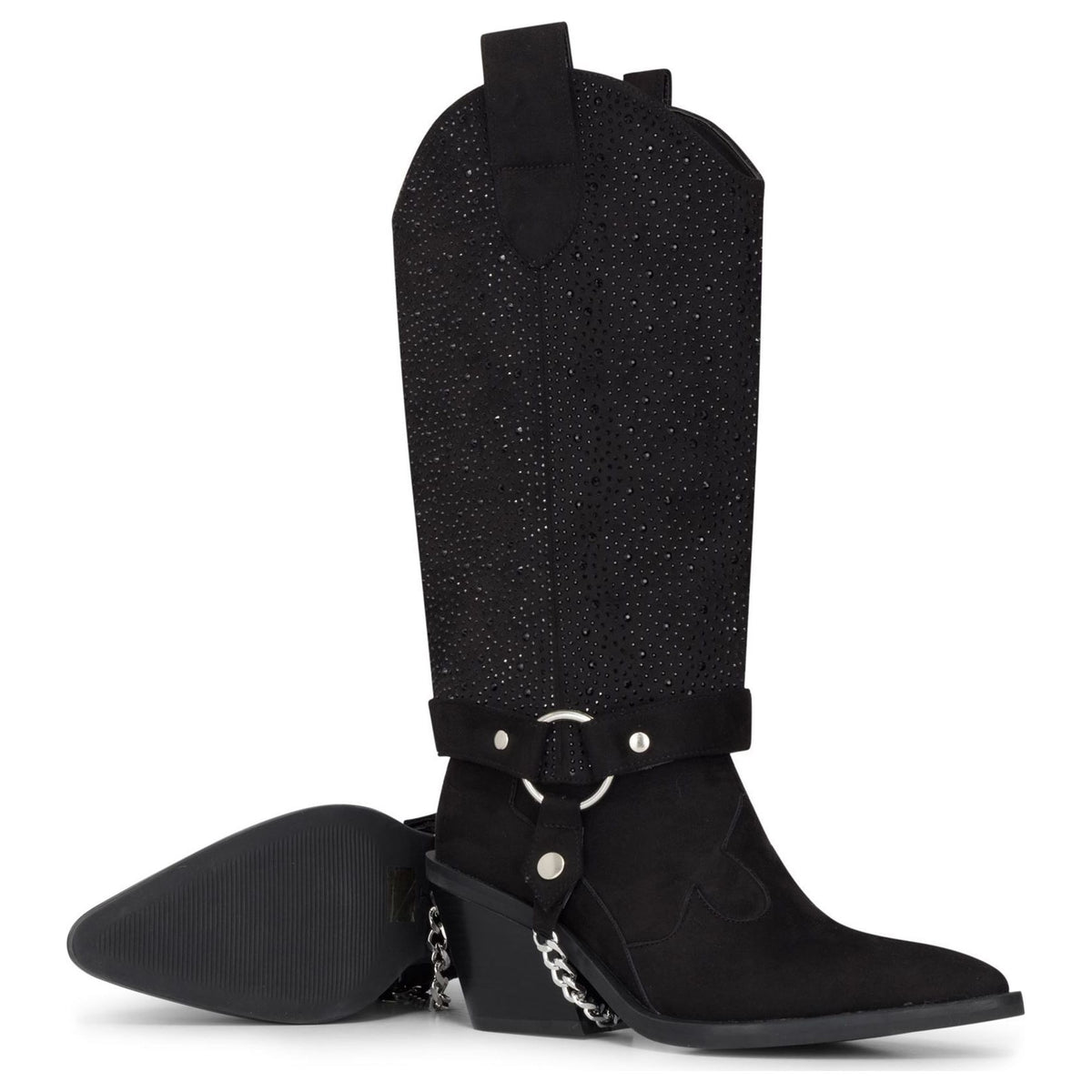 Women's Black Vegan Suede Rhinestone Western Knee-High Cowboy Boots