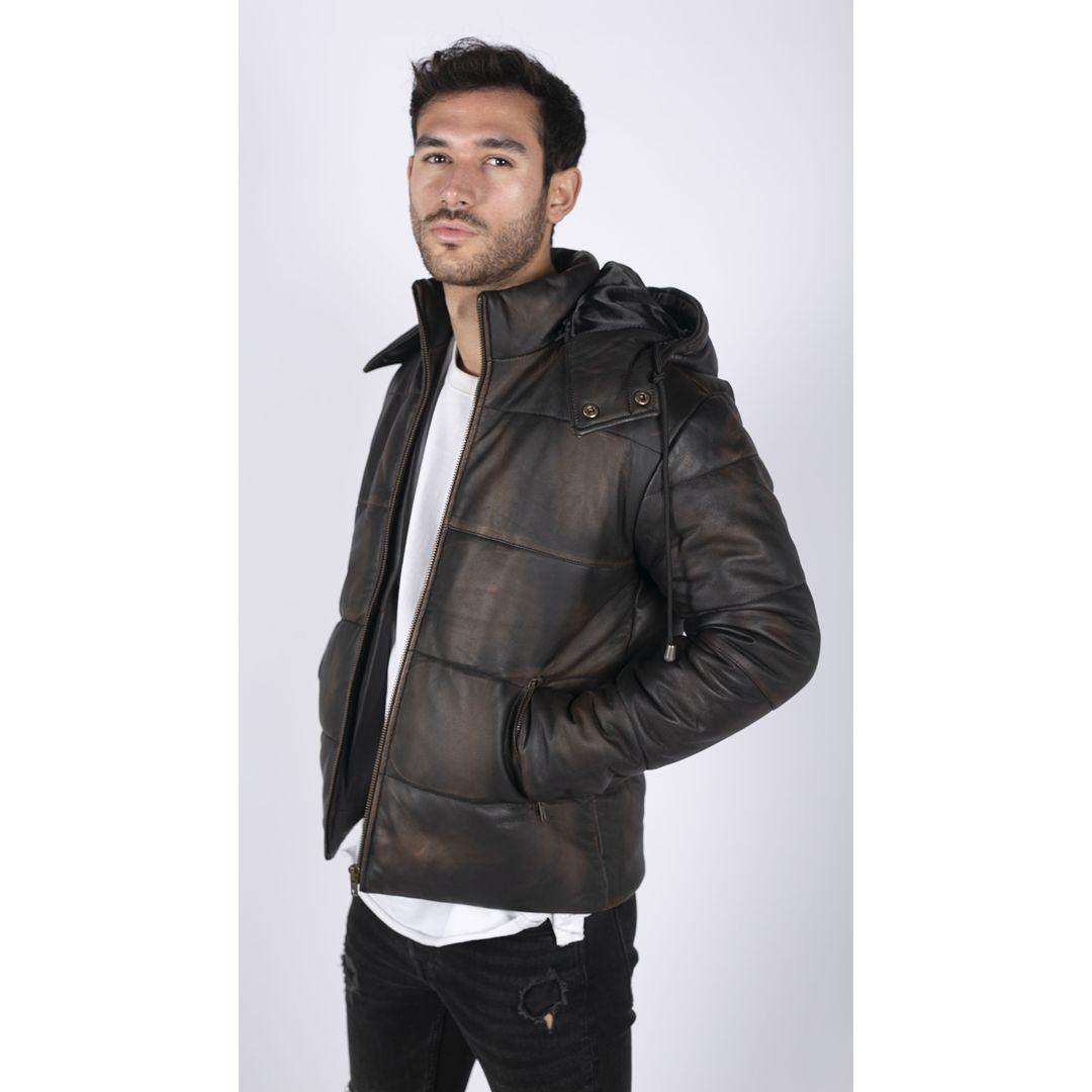 Mens Puffer Hood Jacket Real Leather Black Brown Casual Retro 80s Classic Casual - Knighthood Store