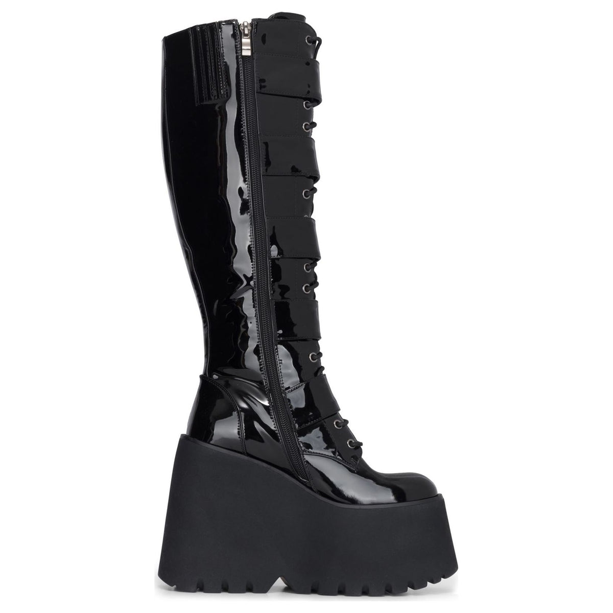 Women's Knee-High Platform Black Patent Vegan Leather Goth Wedge Boots