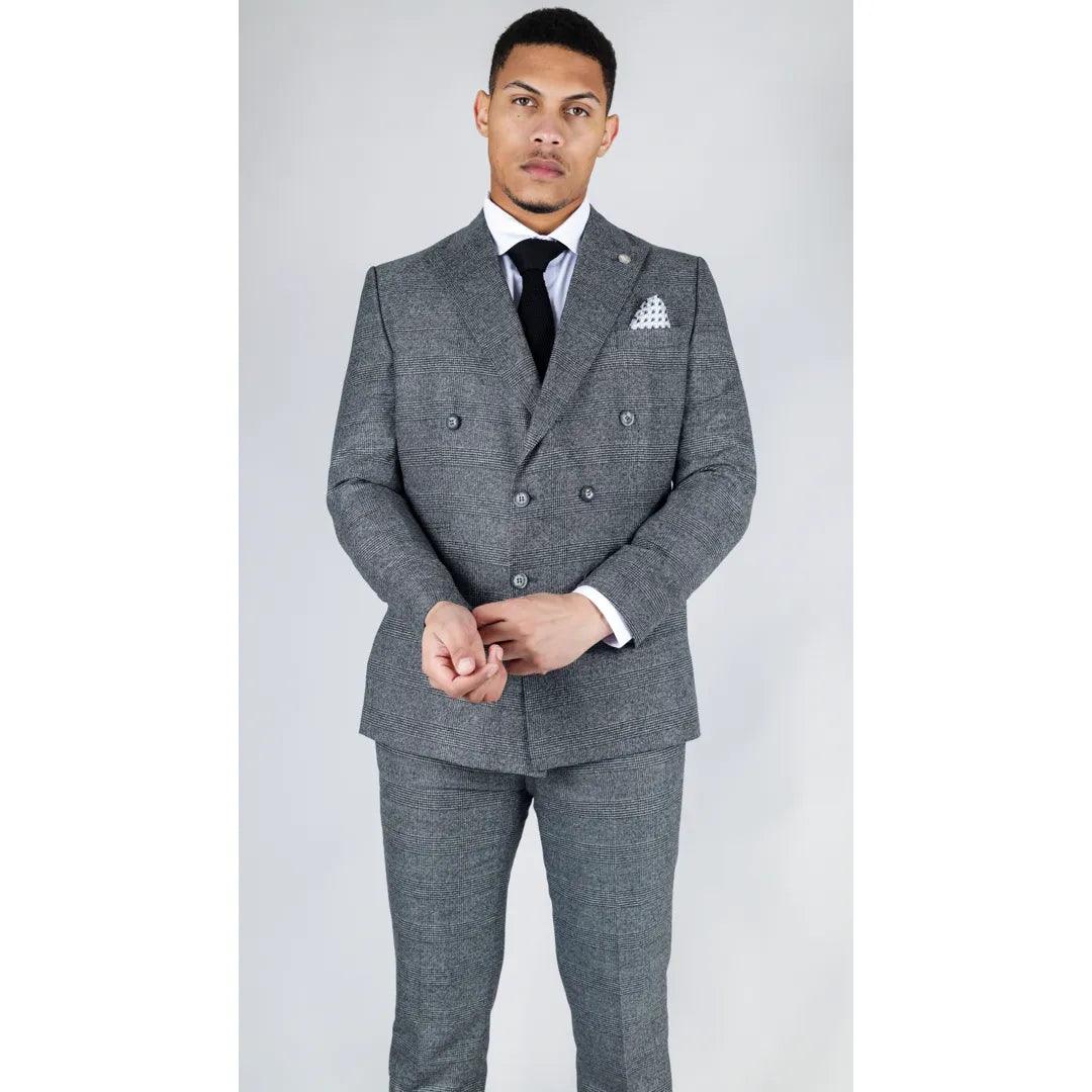 Men's Grey Suit 2 Piece Double Breasted Check Formal Dress - Knighthood Store