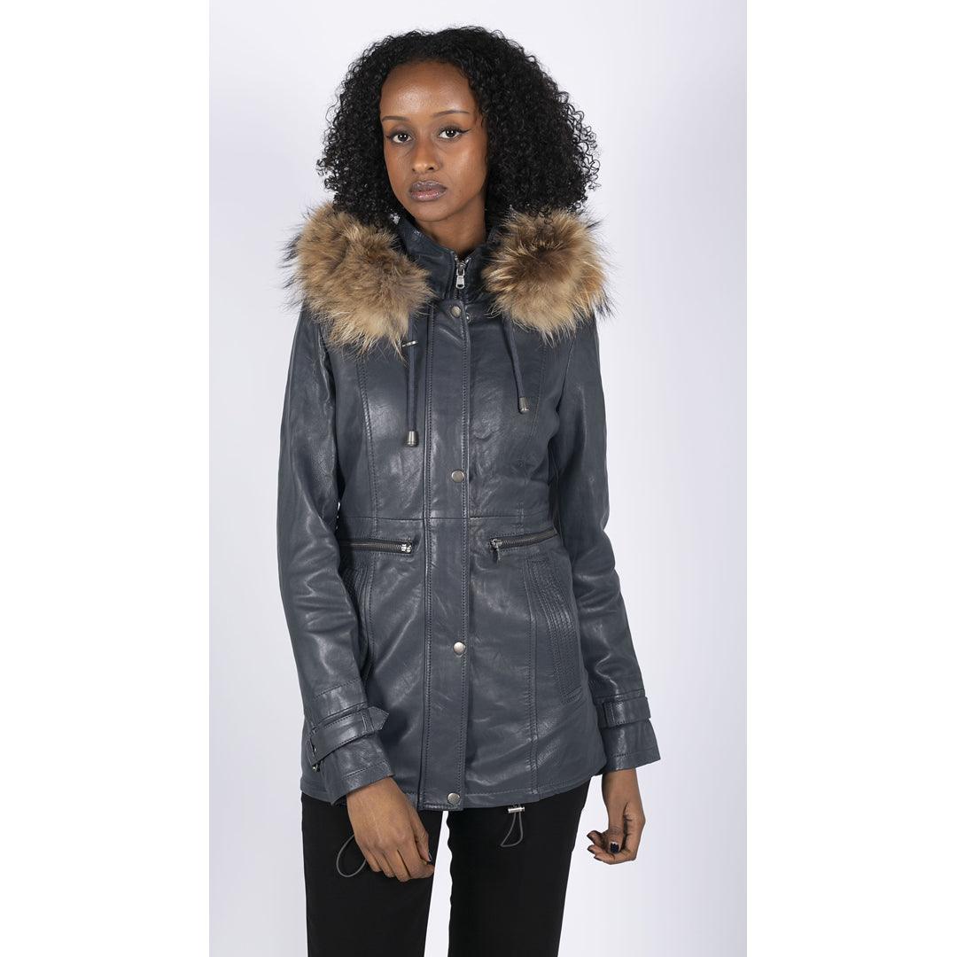 Womens Real Leather Parka Coat 3/4 Removable Hood Fur Button Cover Zipped - Knighthood Store