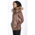 Womens Real Leather Parka Coat 3/4 Removable Hood Fur Button Cover Zipped - Knighthood Store