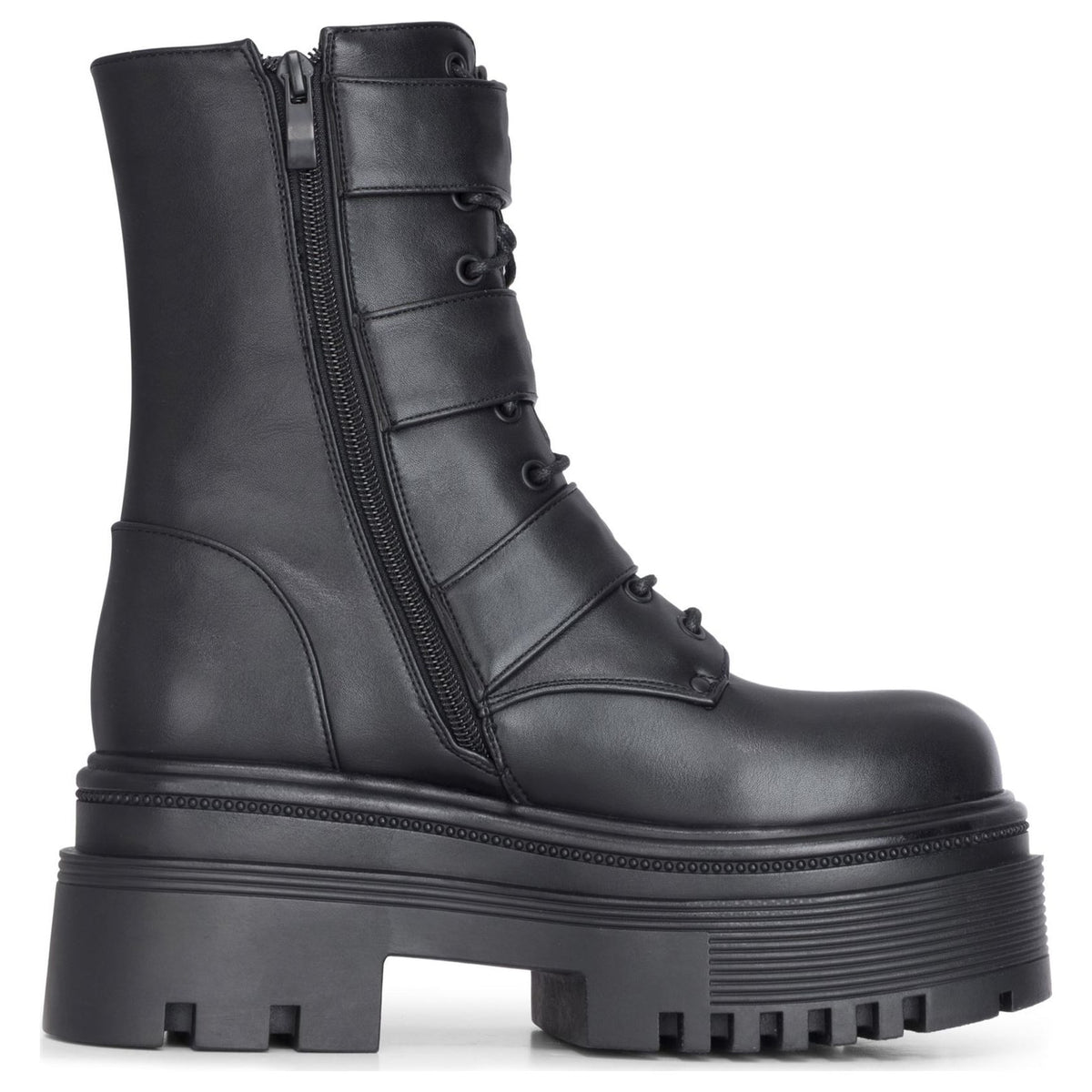 Women's Black Vegan Leather Mid-Calf Buckle Straps Platform Combat Boots