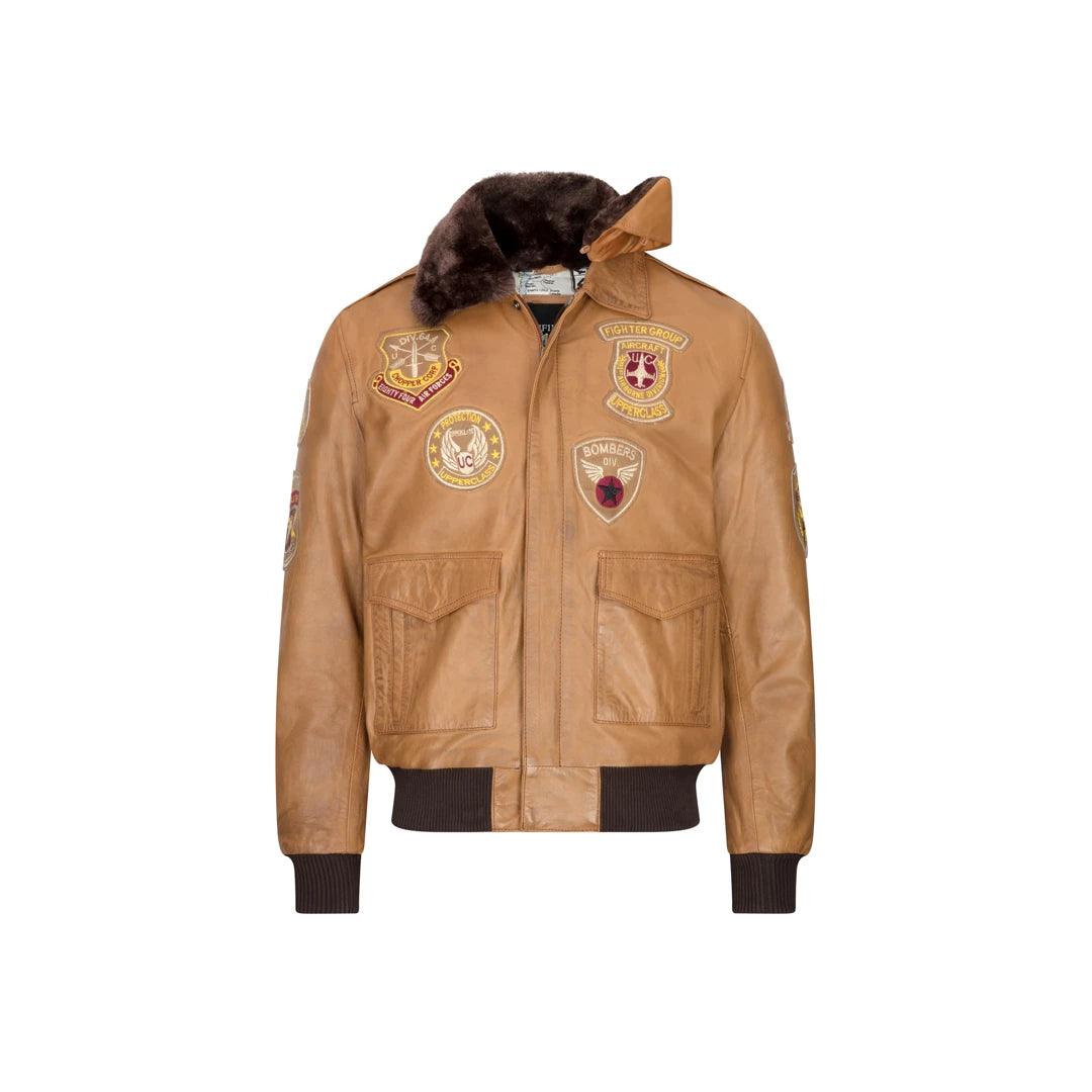 Mens Aviator Flying Pilot Bomber Jacket Vintage Tan Removable Black Fur Collar - Knighthood Store