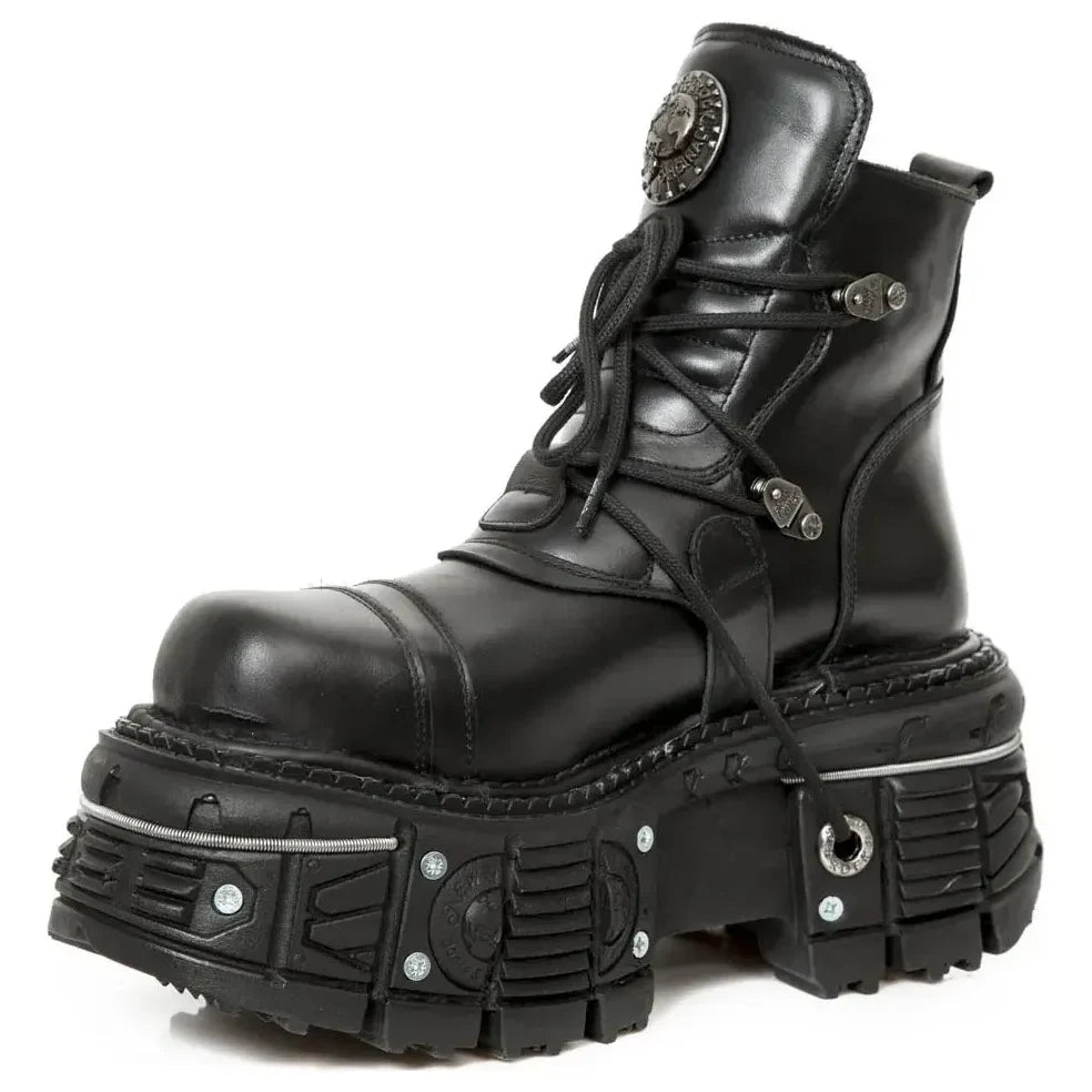 Women's New Rock M-TANK007-S1 Black Leather Platform Ankle Boots