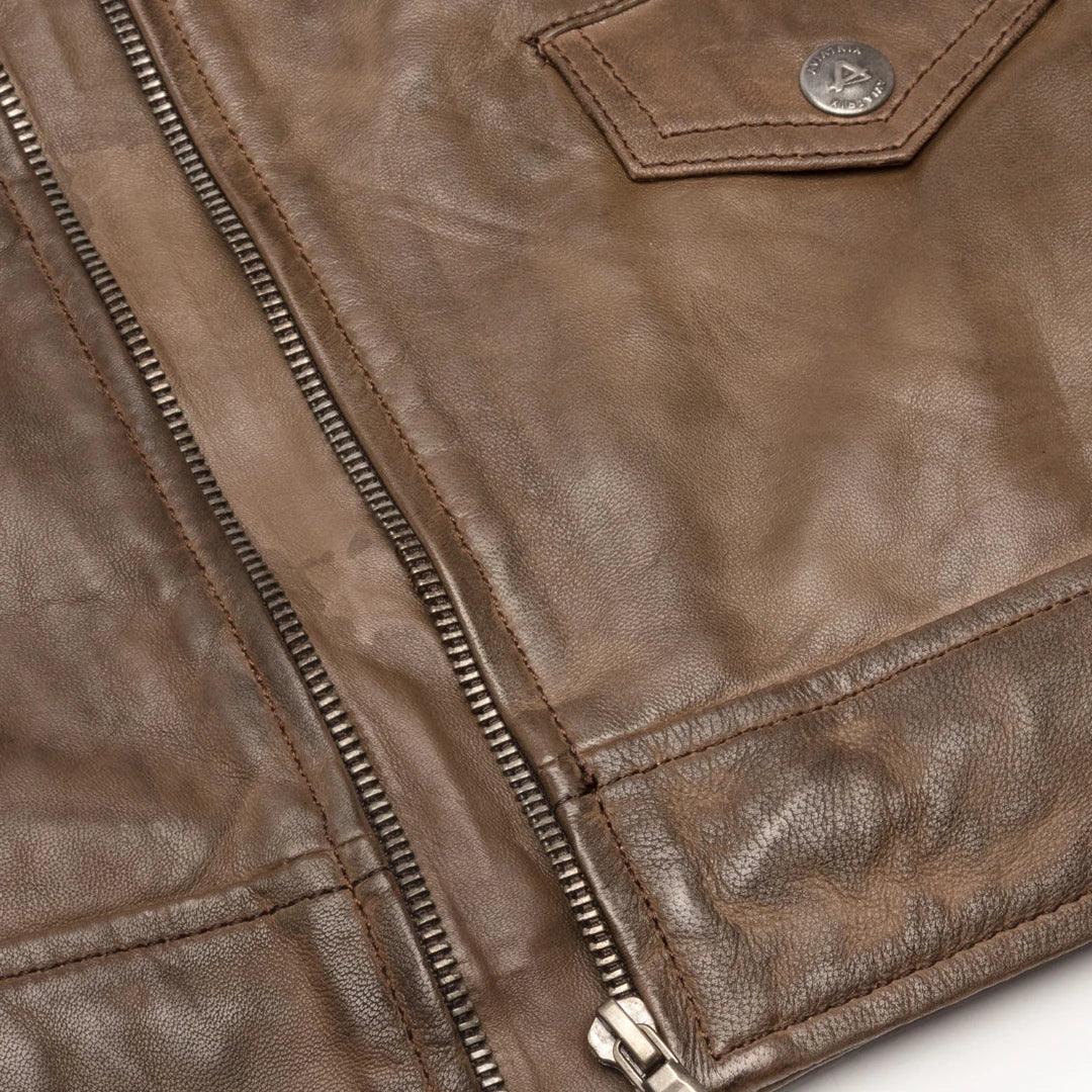 Mens Vintage Washed Tan Brown Real Leather Biker Jacket Cross Zip Retro Casual - Knighthood Store