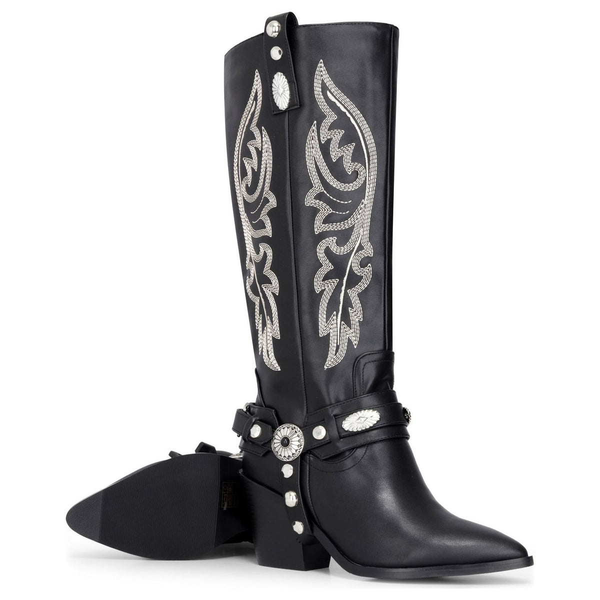 Women's Black Vegan Leather Knee-High Western Embroidered Cowboy Boots