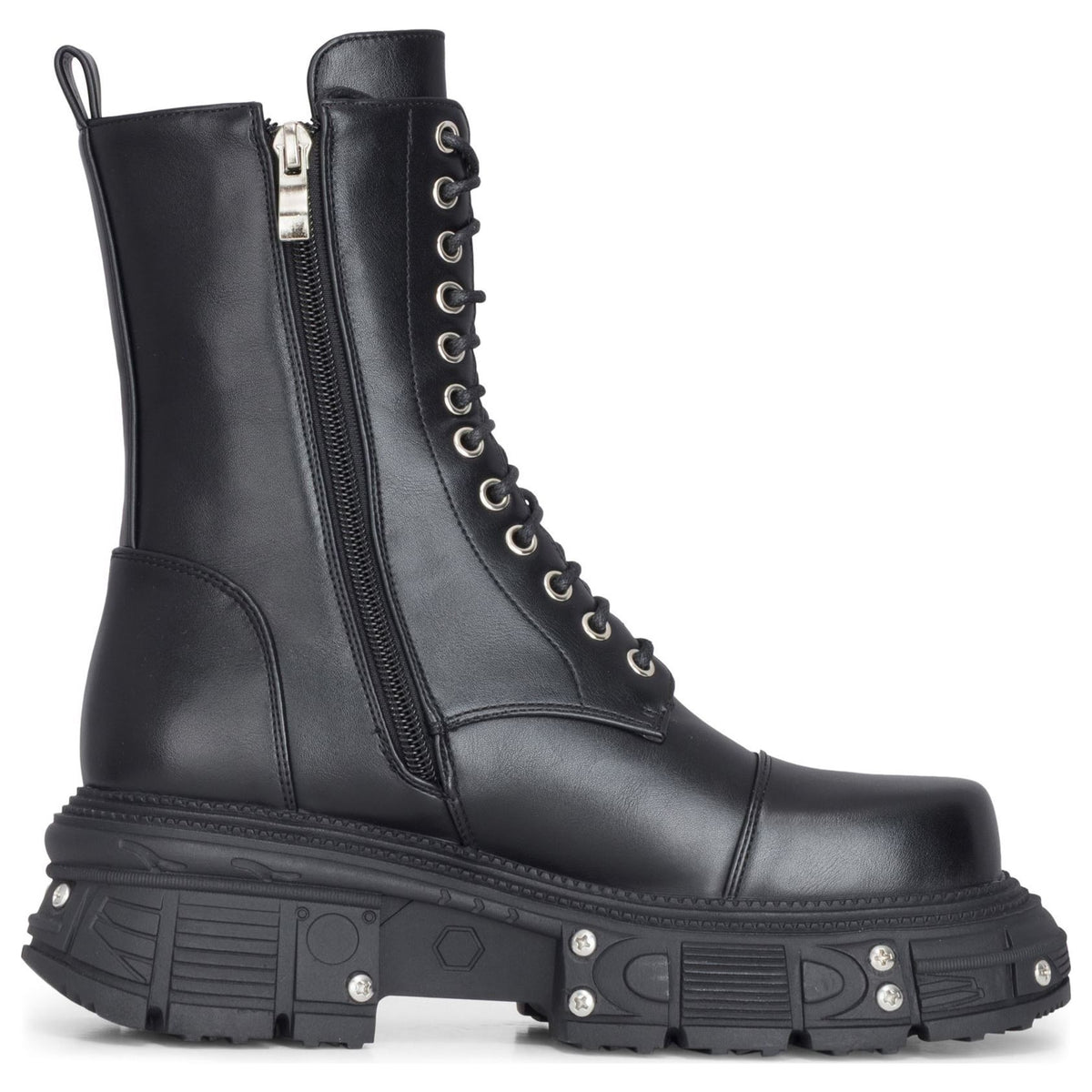 Women's Black Vegan Leather Platform Mid-Calf Combat Boots