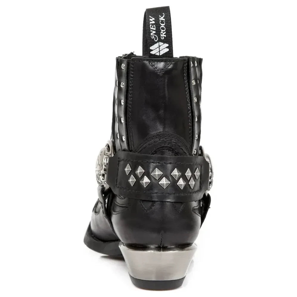 Men's New Rock M.7950-S1 Black Ankle Boots Western Goth Skull Stud