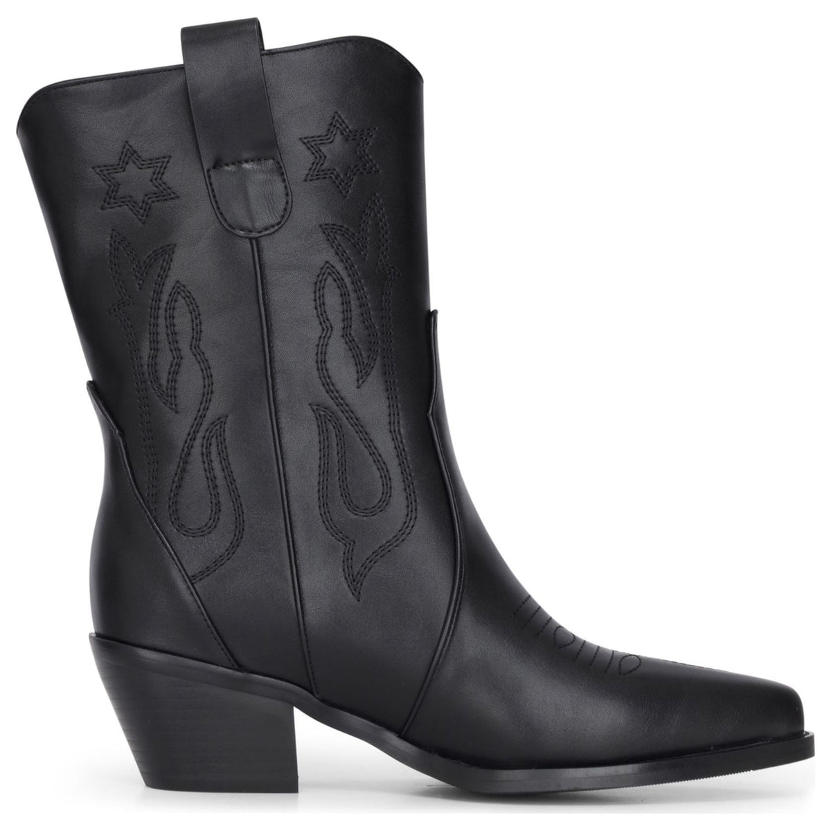 Women's Black Vegan Leather Embroidery Stitch Mid-Calf Western Cowboy Boots