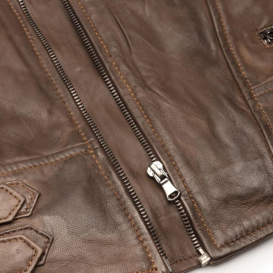 Mens Slim Fit Cross Zip Retro Vintage Brown Biker Punk Rock Real Leather Jacket - Knighthood Store